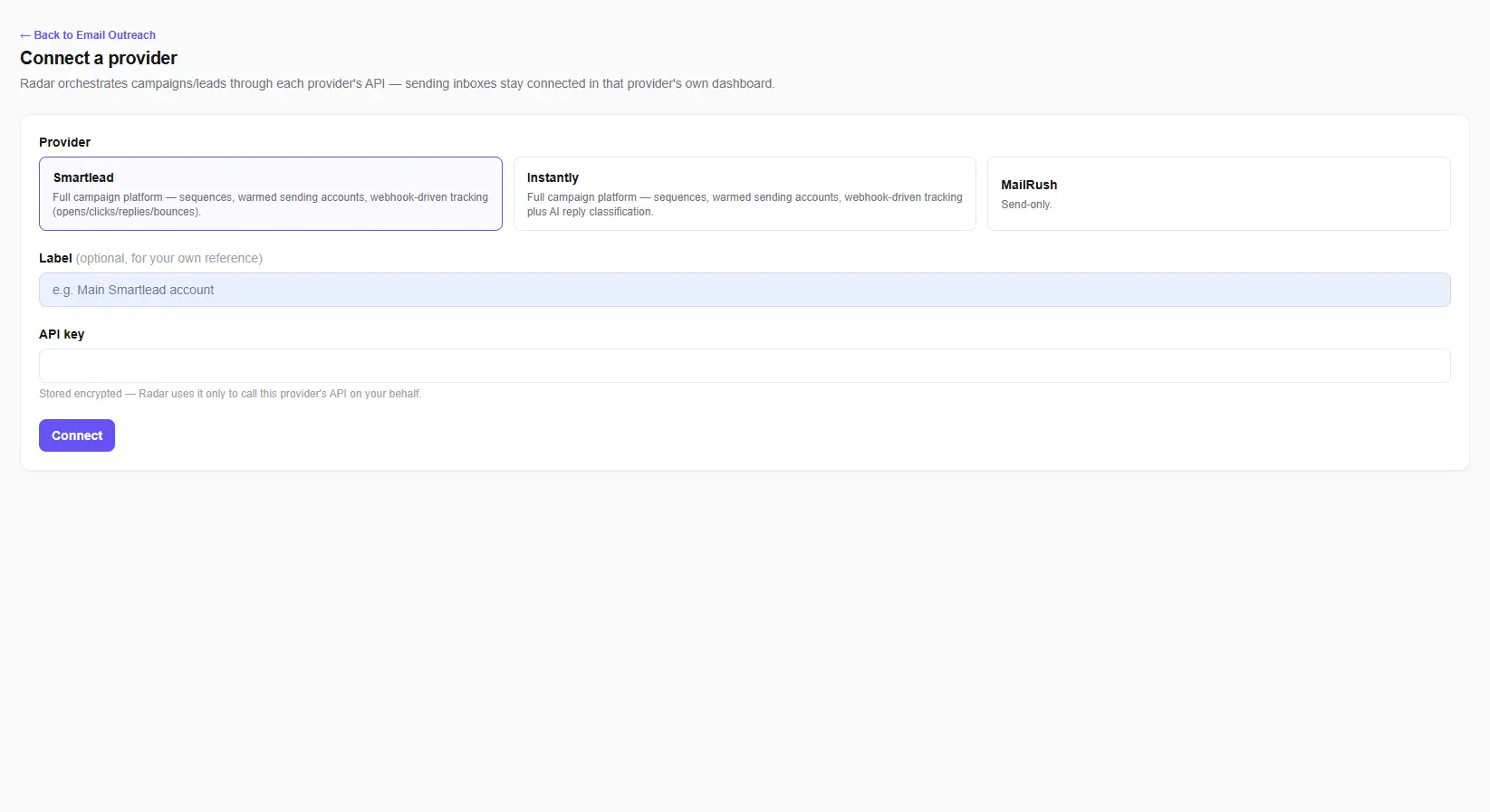Radar screen for connecting a B2B email outreach provider