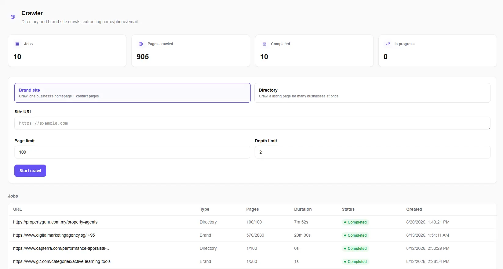 Radar Crawler screen set to crawl a single business website
