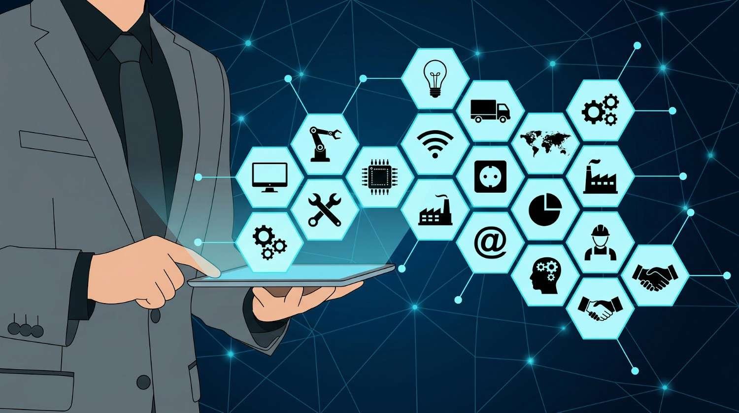 Businessman using tablet connected to various automation network