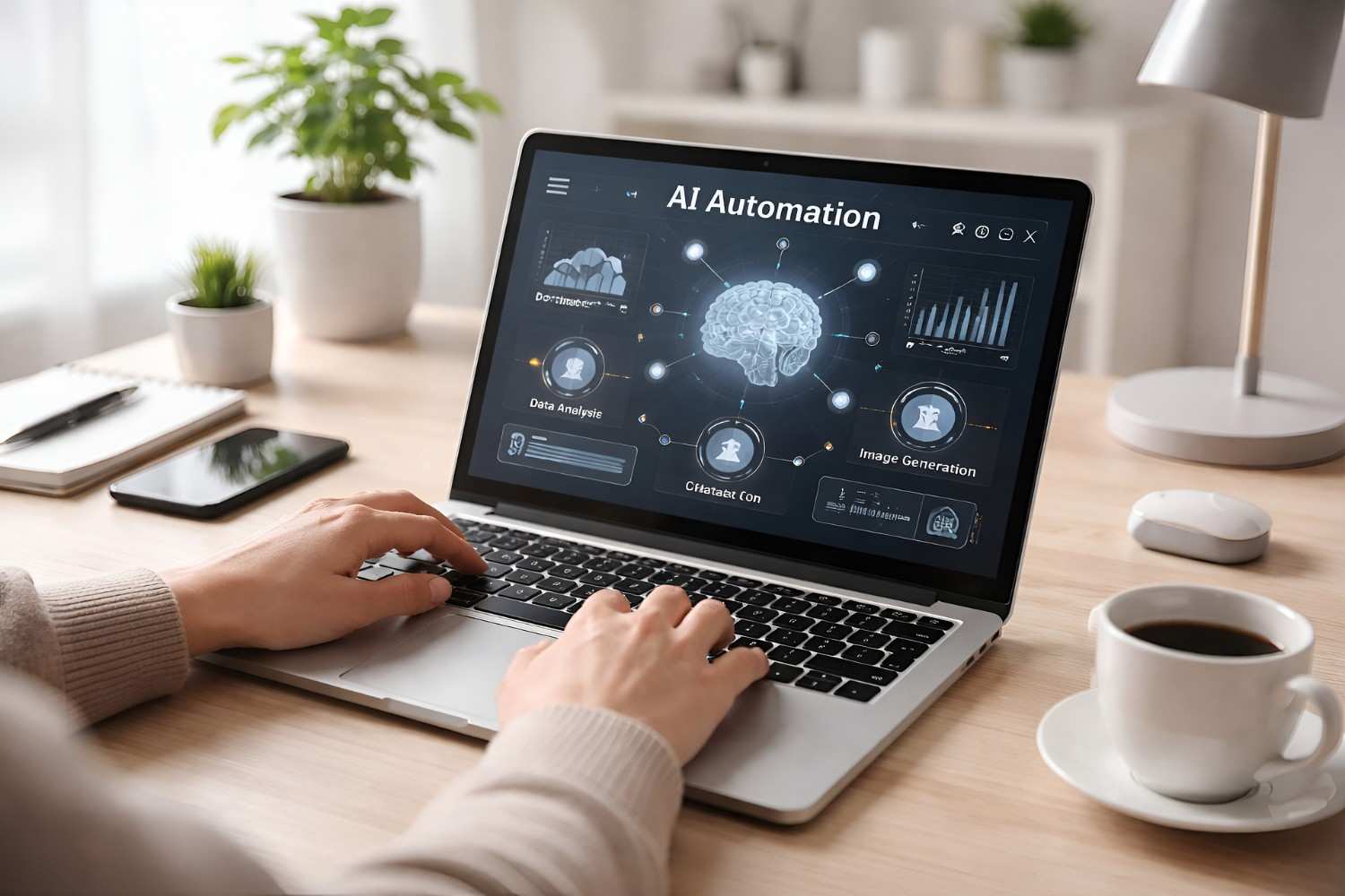 Laptop screen showing an AI automation dashboard with data analysis and image generation icons