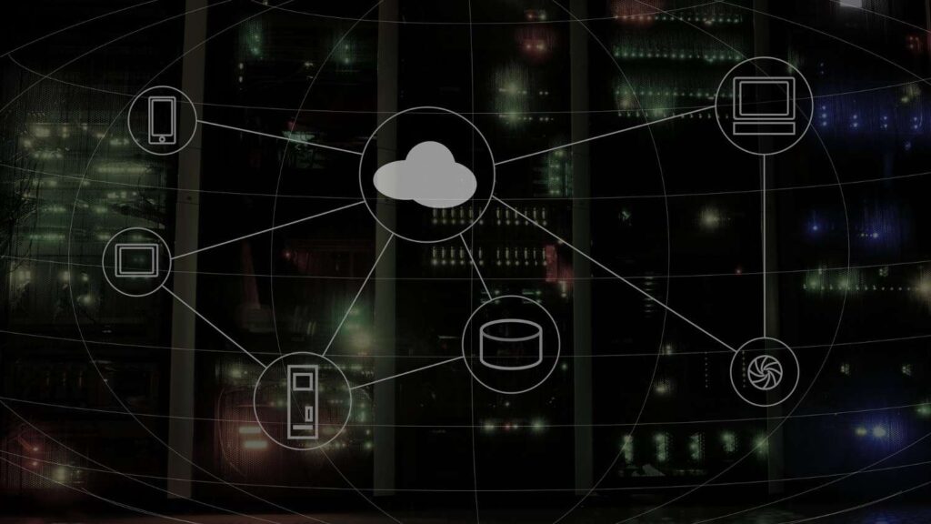 Cloud icon connected to devices, a database, and network nodes over a server room background